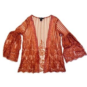 Coral Lace Bohemian Floral Stripes Flared Sleeve Duster